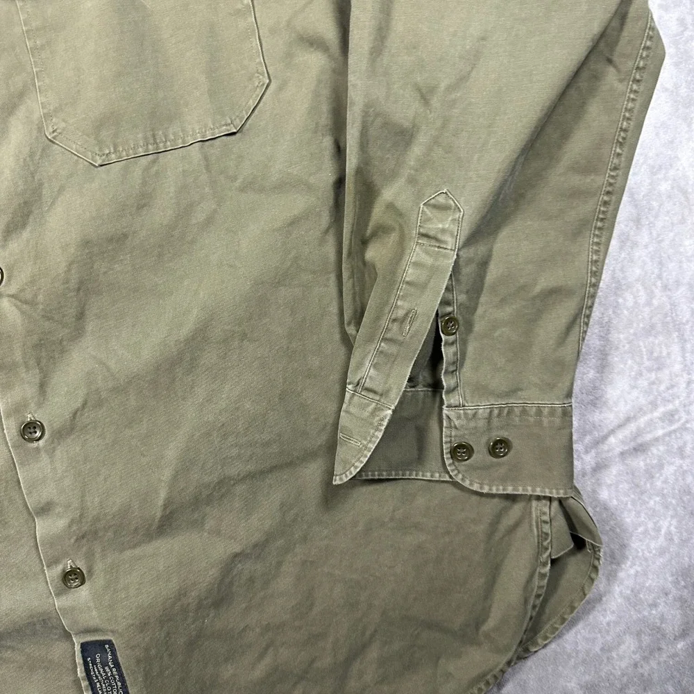 VTG Banana Republic Mens L Olive Green Cotton Military Work Shirt Long‎ Sleeve